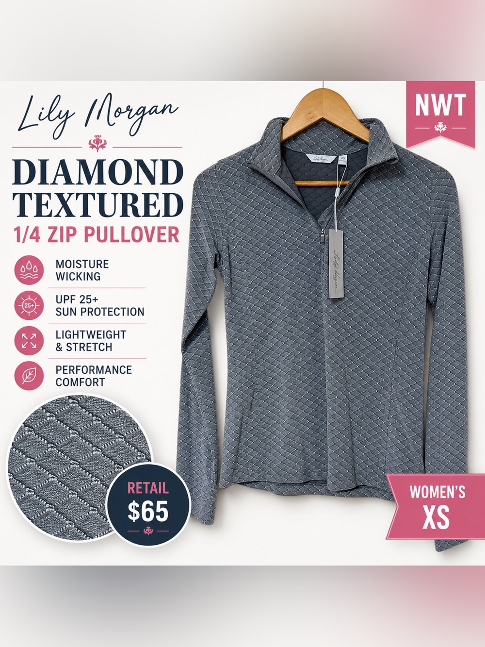 Lily Morgan Diamond Textured 1/4 Zip Pullover XS Gray UPF 25+
